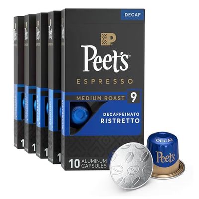 Peet&#39;s Coffee, Medium Roast Decaf Espresso Capsules, Compatible with Nespresso Original Machine - Decaf Ristretto Intensity 10, 50 Count (5 Boxes of 10 Espresso Capsules)