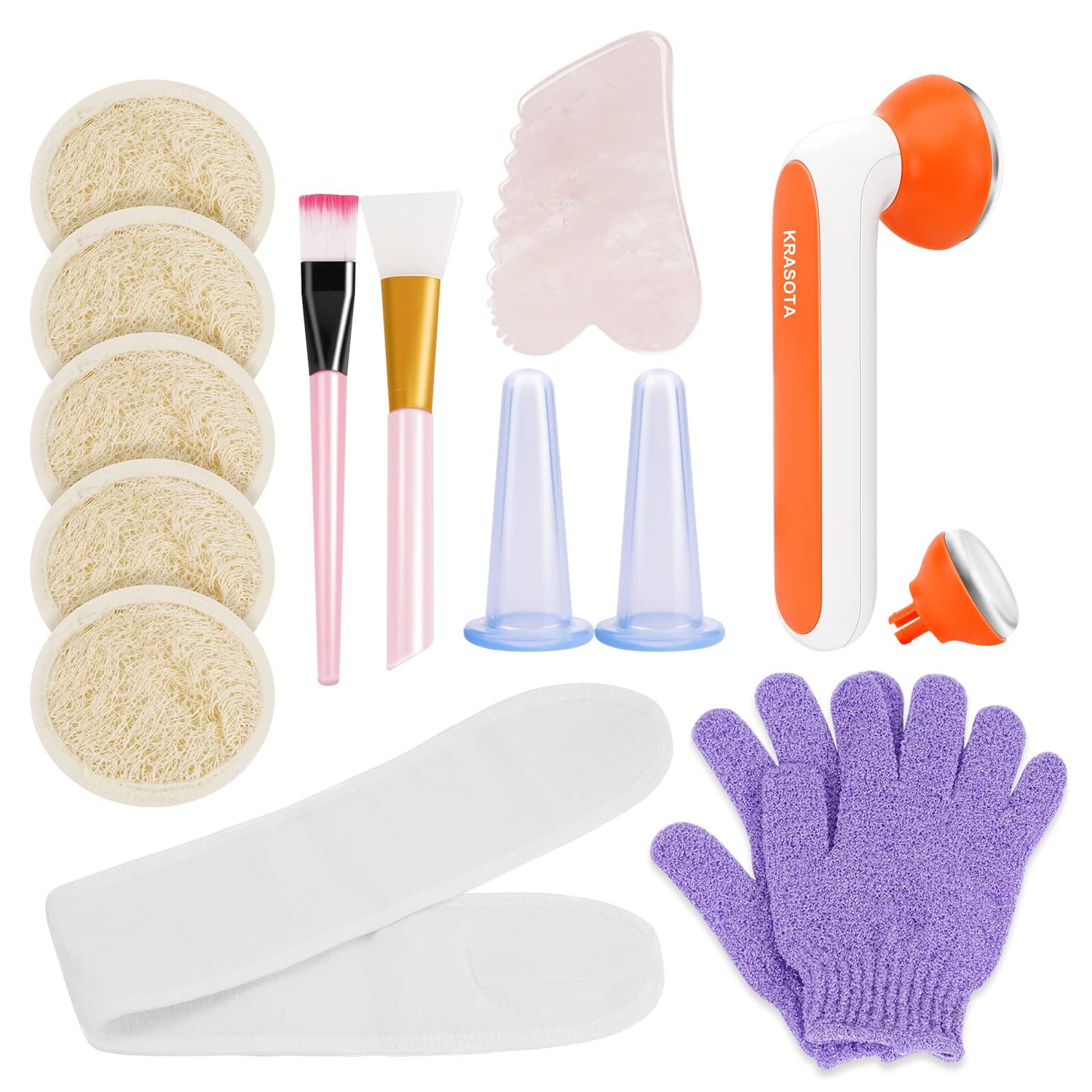 Facial massage Tools Set Skin Care Kit, Ice Roller Face Gua Sha Facial Tool, Exfoliating Loofah Sponge Pads, Face Massaging Gloves, Cupping Set Massage Therapy Cups, Nice Gift for Mom Wife Girlfriend