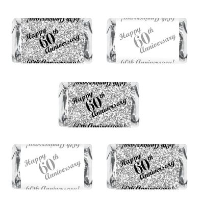 60th Anniversary Miniatures Candy Bar Wrapper, (Set of 60) Mini Chocolate Bar Stickers; Silver and White, Candy Not Included. Made in USA