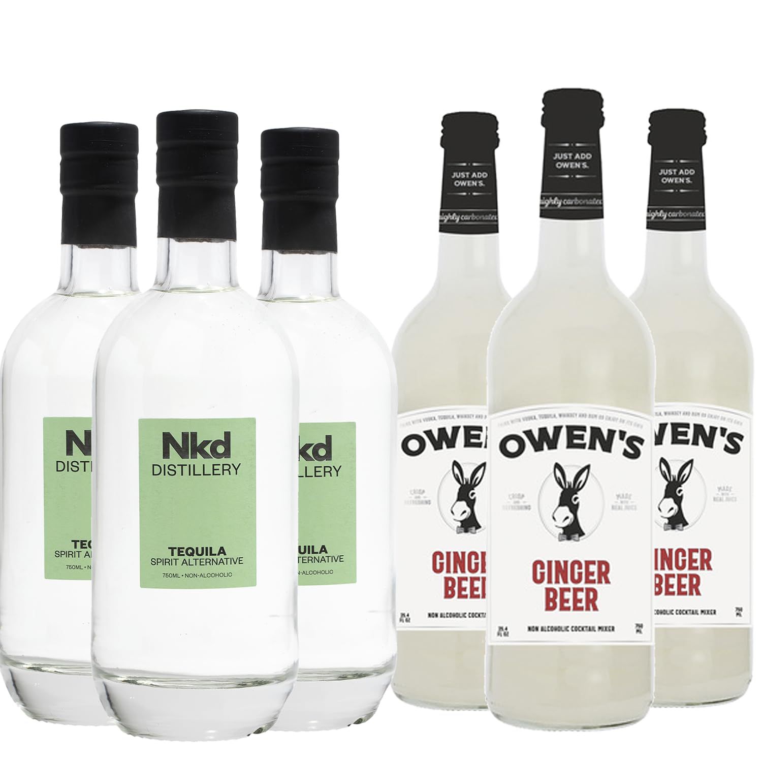 Nkd Distillery Tequila Alternative Premium Non-Alcoholic Spirit 750 ML Bottles w Owen s Mixers Ginger Beer 750 ML Bottles - Made in USA