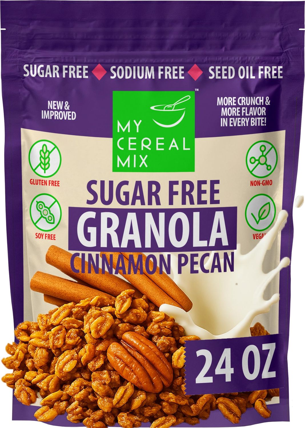 MyCerealMix Sugar Free Granola Cinnamon Pecan - Vegan, Gluten Free Breakfast Cereal - No Artificial Sweeteners - Naturally Sweetened with Monk Fruit - 24oz