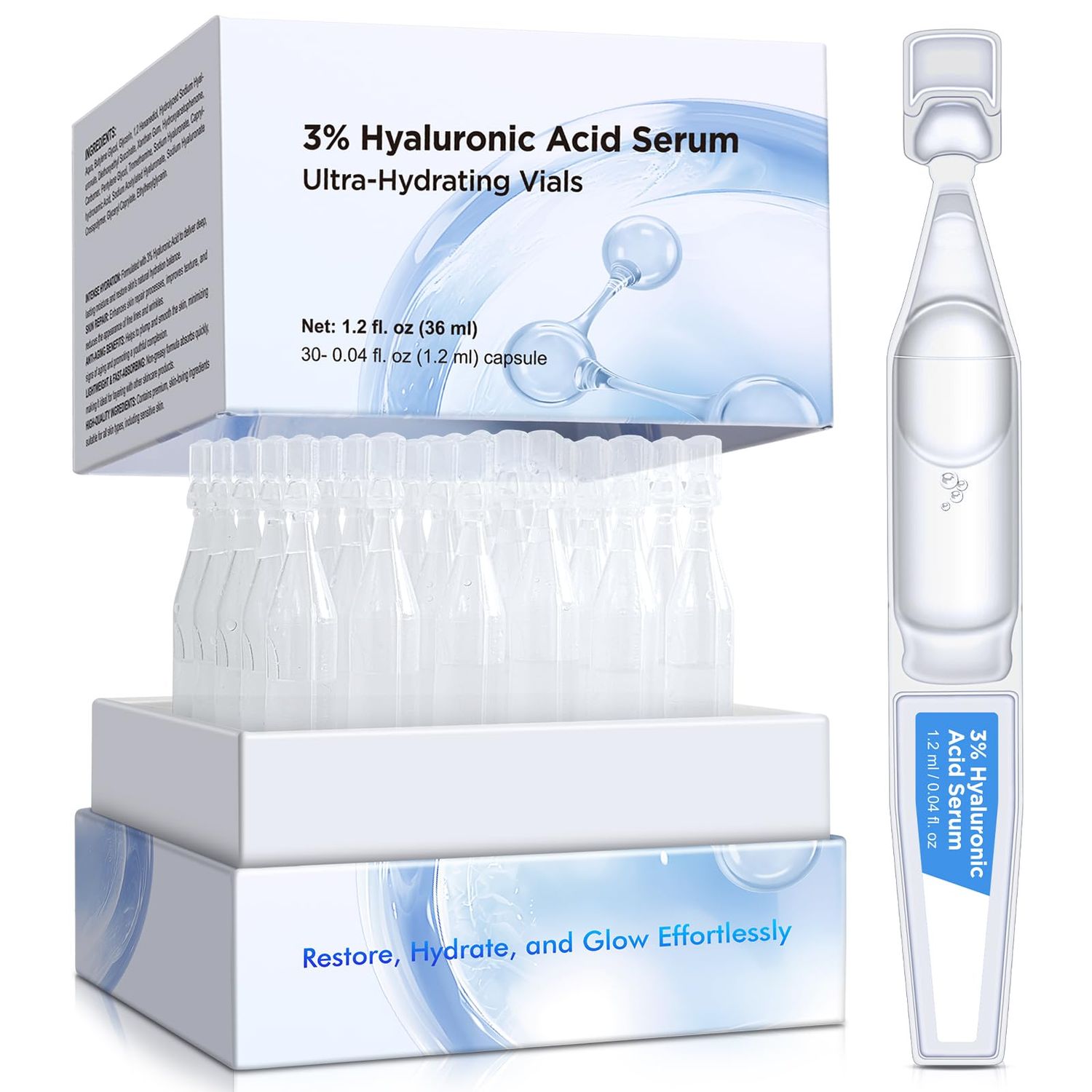 3 Hyaluronic Acid Serum for Face (30 Tubes), Ultra-Hydrating Vials, Anti-Aging Skin Repair, Intense Moisture, Plumps Smooths Skin, Non-Greasy, Lightweight Formula, (1.2ml each), 1.2 fl. oz
