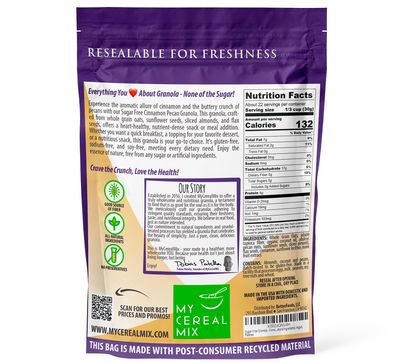 MyCerealMix Sugar Free Granola Cinnamon Pecan - Vegan, Gluten Free Breakfast Cereal - No Artificial Sweeteners - Naturally Sweetened with Monk Fruit - 24oz