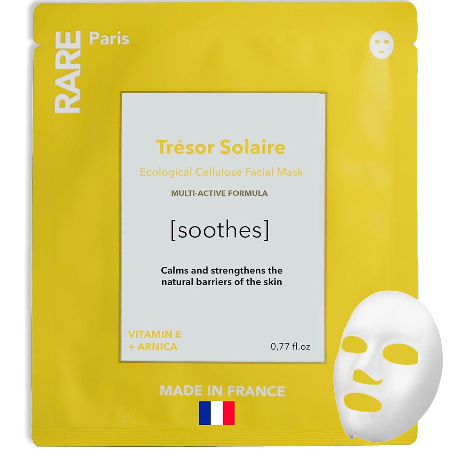 RARE Paris - Tr sor Solaire - Soothing Facial Sheet Mask - Soothing Strengthening - With Vitamin E Arnica - Brightening, Firming Revitalizing - Multi-Active Serum Formula - 1 Pack