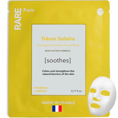 RARE Paris - Tr sor Solaire - Soothing Facial Sheet Mask - Soothing Strengthening - With Vitamin E Arnica - Brightening, Firming Revitalizing - Multi-Active Serum Formula - 1 Pack