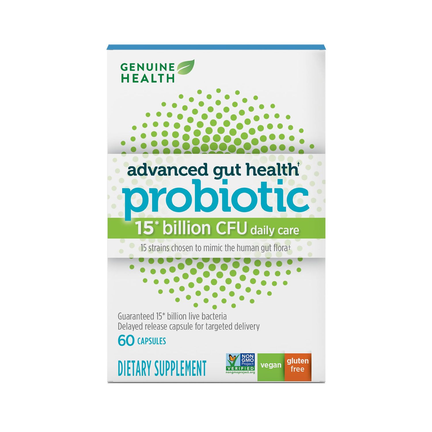 Genuine Health Advanced Gut Health Gentle-Care Probiotic, Helps Promote Digestive, Gastrointestinal Gut Health, Multi-Strain Formula, 60 Capsules