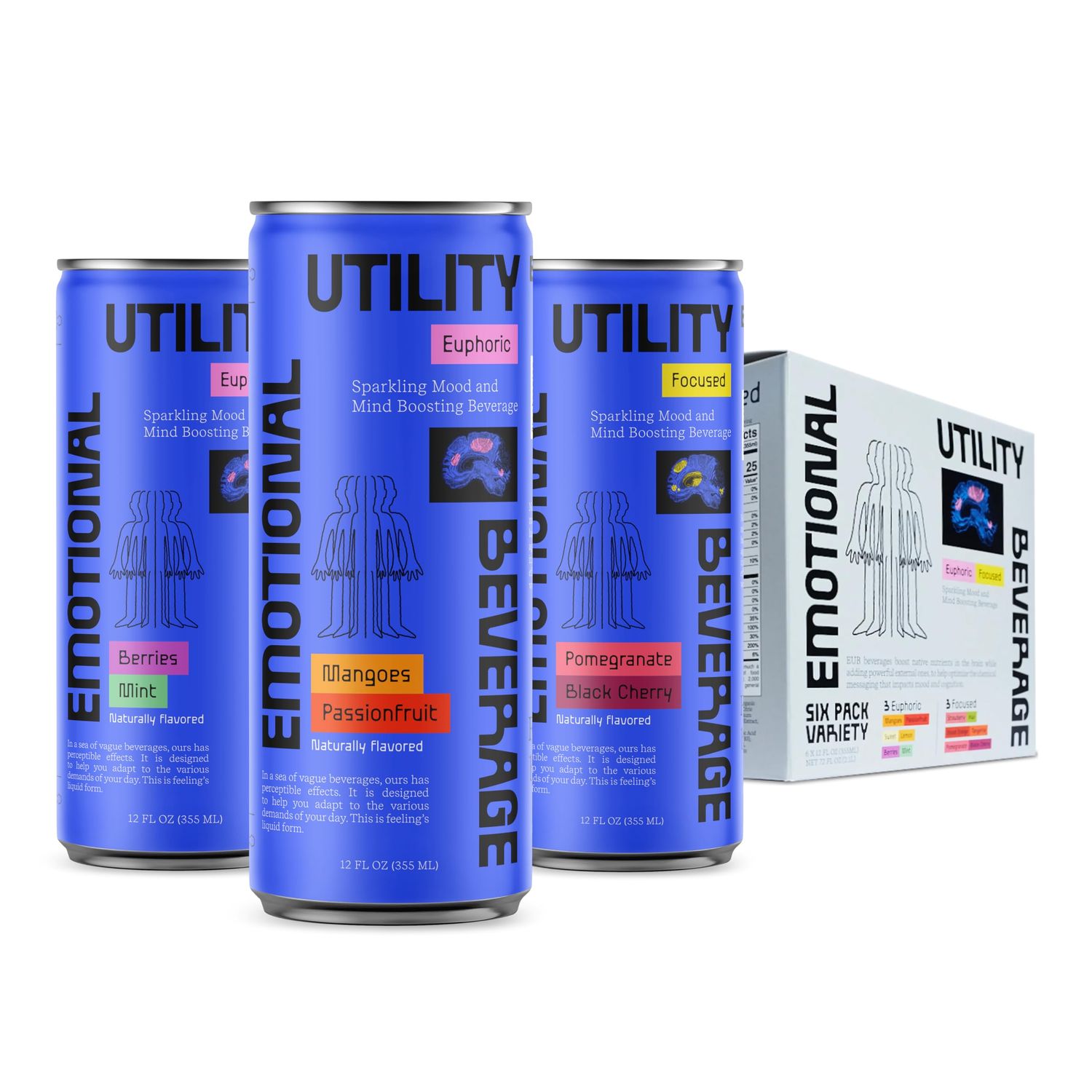 E.U.B Fruit Sampler Variety Pack with Nootropics Adaptogens, Motivation and Mood Support, 12oz Cans, 35mg Organic Green Tea Caffeine, 25 Calories per Can (6 pack)