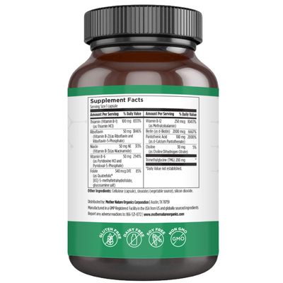 Mother Nature Organics Methylated B Complex - Bioactive B Vitamins with Methyl B12, B1, B3 Niacin, B6, Folate Biotin - Supports Energy, Brain, Heart Metabolism - 120 Capsules, Non-GMO, Gluten-Free