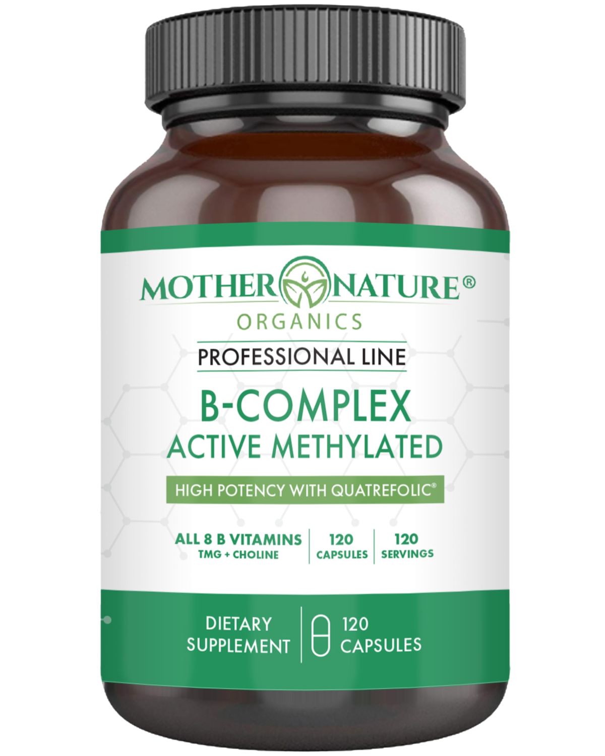 Mother Nature Organics Methylated B Complex - Bioactive B Vitamins with Methyl B12, B1, B3 Niacin, B6, Folate Biotin - Supports Energy, Brain, Heart Metabolism - 120 Capsules, Non-GMO, Gluten-Free