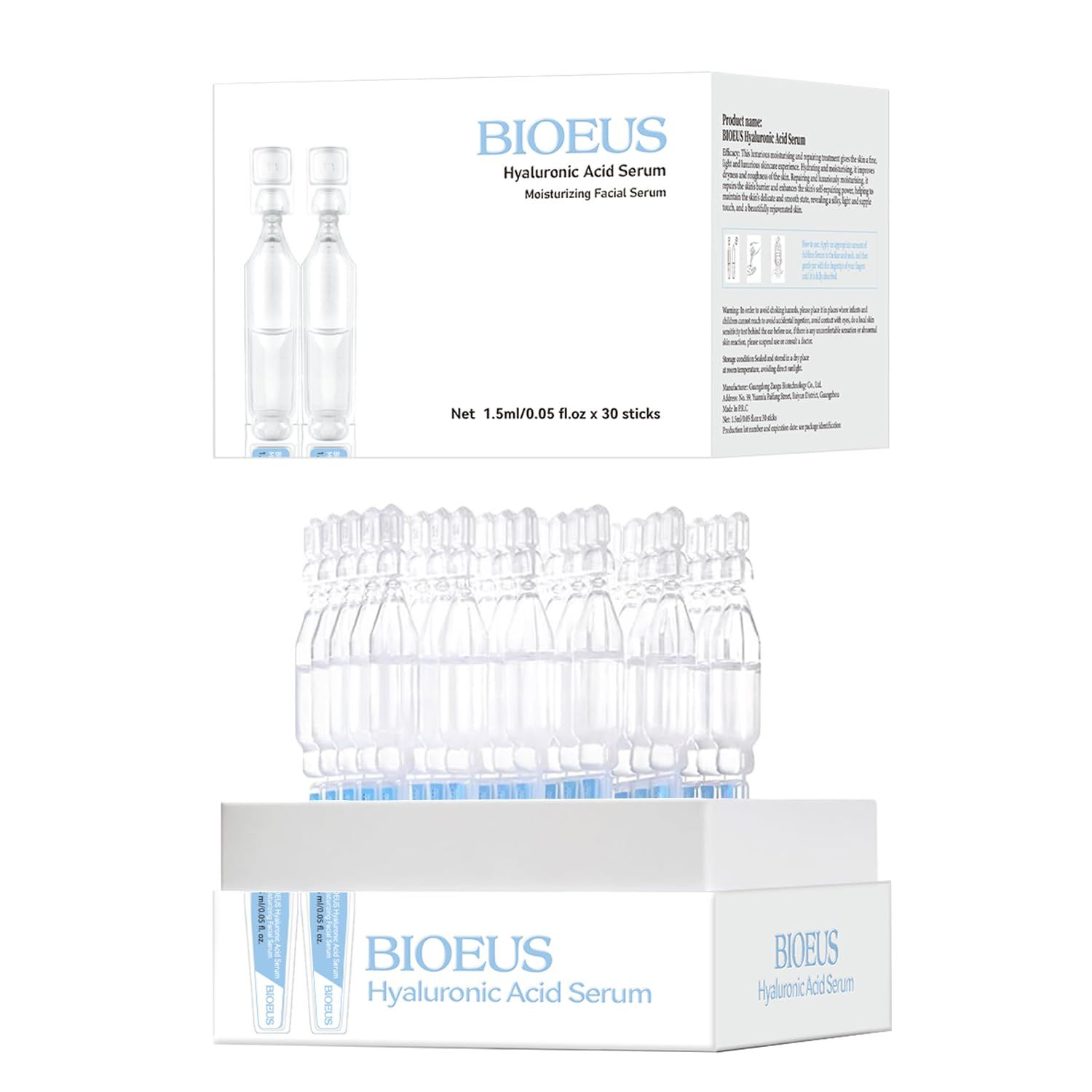 BIOEUS Ultra-Hydrating Serum with 3 Hyaluronic Acid, Anti-Aging Skin Repair Serum for Face Single-Use Vials (1.5ml x 30) (1 Pack)
