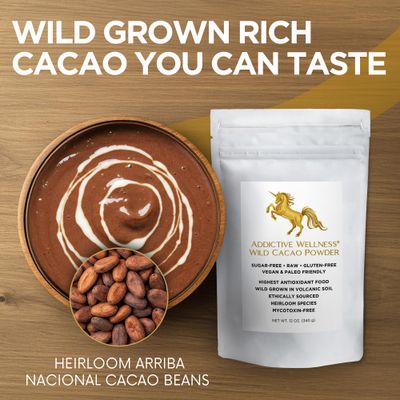 Addictive Wellness Raw Cacao Powder - Wild-Grown Heirloom Mycotoxin-Free Arriba Nacional Chocolate Cocoa Powder Unsweetened, Vegan, Keto Paleo Friendly Raw Cacao Powder 340g (12 Ounce)