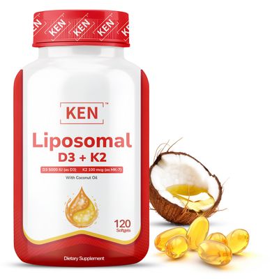 KEN Liposomal Vitamin D3 5000 IU K2 (MK7) 100mcg, Bone Support Supplement, Enhanced Calcium Absorption, Supports Immune Function, Coconut Oil, No Seed Oil, Non-GMO 120 Halal Bovine Softgels