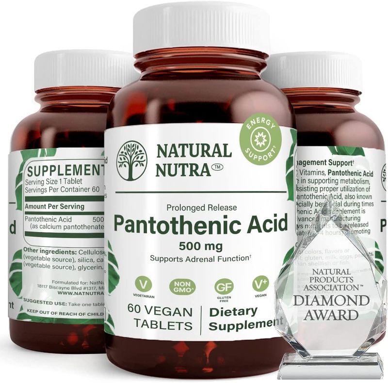 Natural Nutra Time Release Pantothenic Acid 500 mg, Vitamin B5 Supplement Helps Break Down Fat and Carbohydrates, Metabolism and Energy, Improve Muscle Health, 60 Vegetarian Tablets (2 Pack)