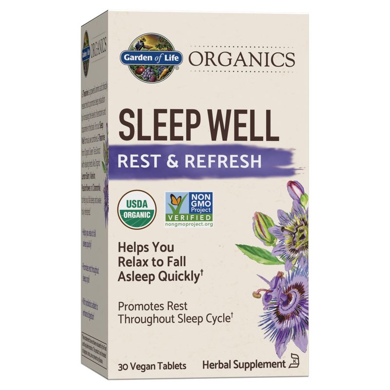 Garden of Life Organics Sleep Well Rest Refresh 30 Tablets, Lemon Balm, Green Tea Extract L-Theanine, Valerian Root, Chamomile, Probiotics-Organic Non-GMO Vegan Gluten Free Herbal Supplement