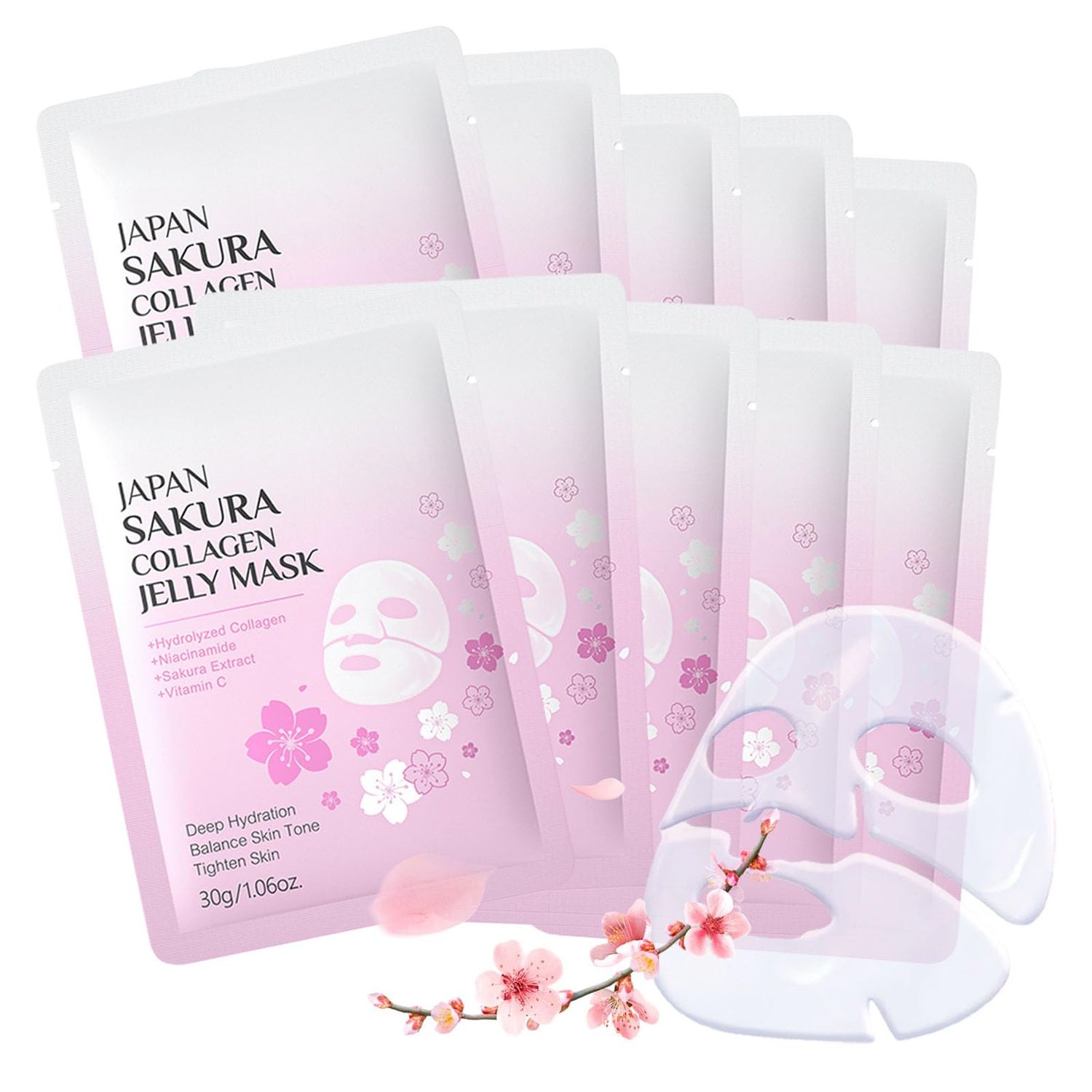 ARCHIDATE Collagen Face Mask, 10Pcs Sakura Deep Collagen Anti Wrinkle Lifting Mask, Deep Moisture, Shirnk Pore, Improves Rough Skin, Overnight Hydrogel Collagen Mask Reduce Fine Line, Firm Skin