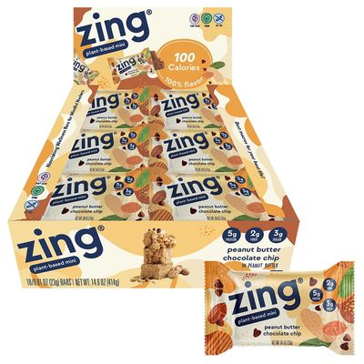 Zing Peanut Butter Chocolate Chip Kids Vegan Protein Bars, Gluten Free 100 Calorie Mini Bars, Dairy Free Nutrition Bars with Plant Based Protein, Kosher, No Soy, No Sugar Alcohols - 18 count