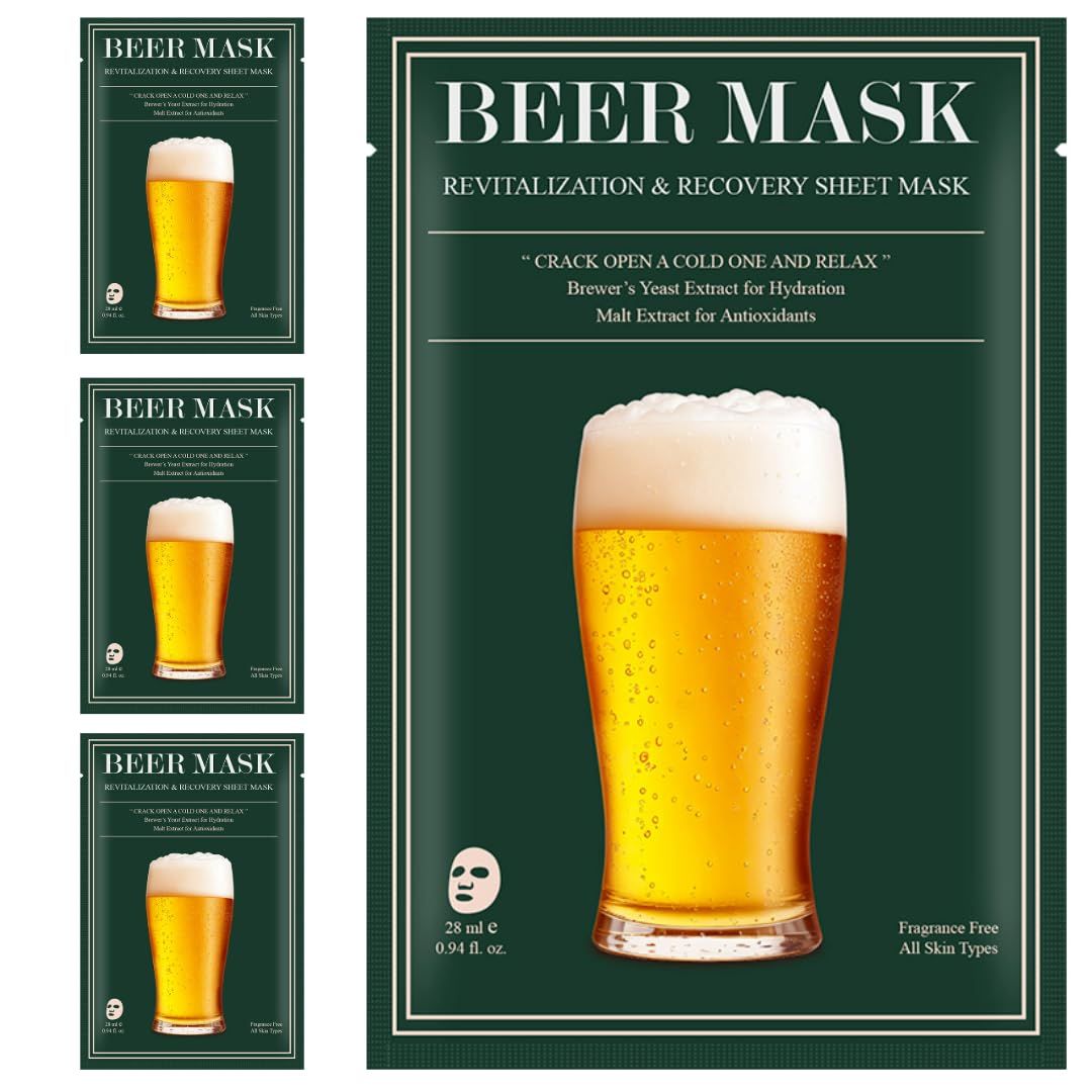 4 Pack Groomsmen Gift for Beer Lovers Skincare Face Mask - Beer-Inspired Face Mask Hydrating Revitalizing Skincare Fun Gift for Beer Lovers Beer Girls, Mom, Father&#39;s Day, Bachelor Parties, Dads