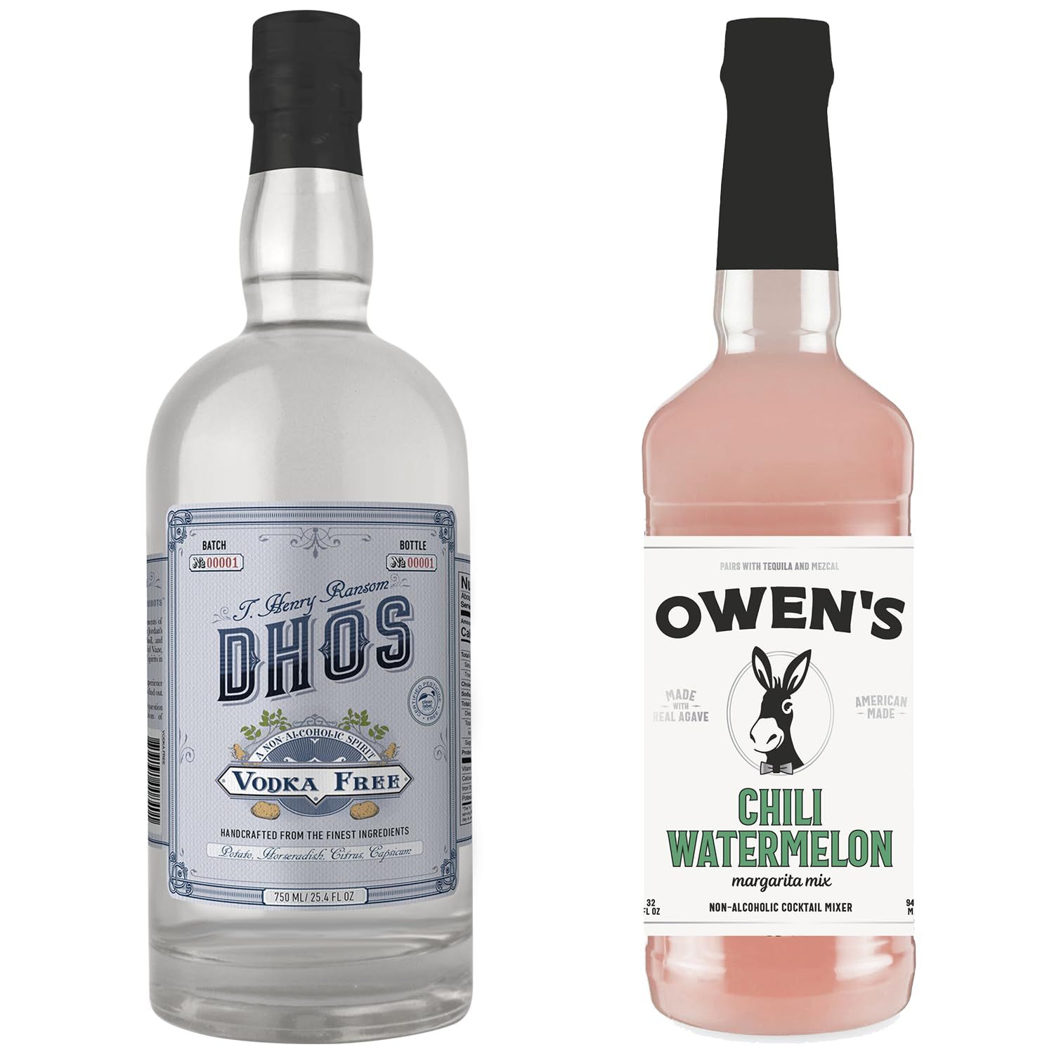 Dh s Handcrafted Non-Alcoholic Vodka 750 ML Bottle w Owen s Mixers Chili Watermelon 32 OZ Bottle, Keto-Friendly, Zero Sugar, Zero Calories, Zero Proof - Perfect for Mocktails - Made in USA