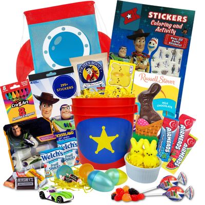 Easter Gift Basket With Cartoon Theme For Kids, Boys, Girls - Already Filled With Easter Eggs, Candy, Chocolate, Prefilled Easter Care Package