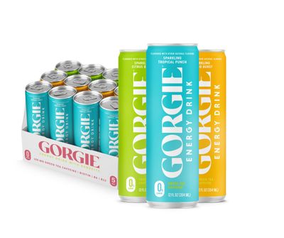 GORGIE Tropical Variety, Sugar-Free Natural Energy Drink Sparkling, Healthy Energy Drinks - Green Tea, Biotin, B Vitamins -150mg Caffeine, Vegan, Low Calorie (Pack of 12)