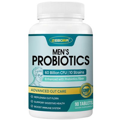 ZEBORA Probiotics for Men and Prebiotics for Digestive Health, 90 Tablets, 60 Billion CFUs for Immune and Gut Health, 10 Strains, Hypoallergenic Probiotics, Shelf Stable, Gluten Soy Free