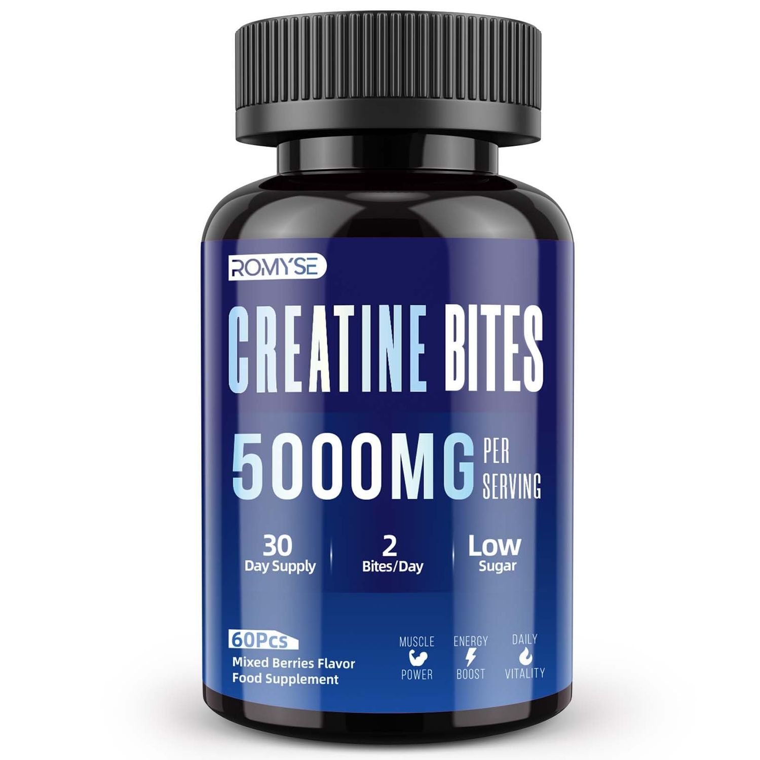 ROMYSE Creatine Bites - 5g Creatine Monohydrate Per Serving - Low Sugar and No Artificial Colors - Low Calorie - Mixed Blue Berry Flavor - 60 Bites Gummy 30 Days Supply for Men Women