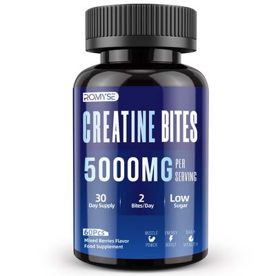 ROMYSE Creatine Bites - 5g Creatine Monohydrate Per Serving - Low Sugar and No Artificial Colors - Low Calorie - Mixed Blue Berry Flavor - 60 Bites Gummy 30 Days Supply for Men Women
