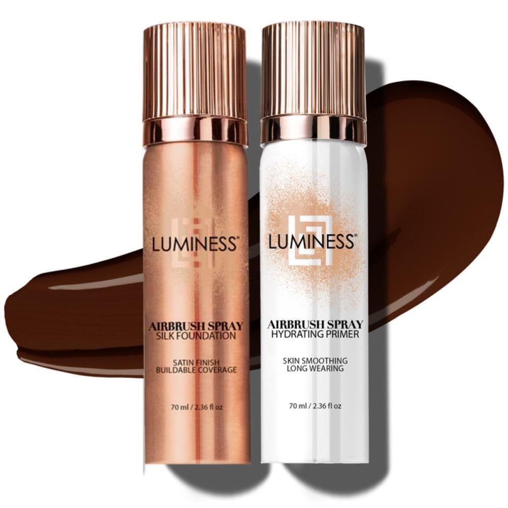 LUMINESS Silk Airbrush Spray Foundation Primer Kit - Full Coverage Foundation, Anti-Aging Formula Hydrates Moisturizes with Hyaluronic Acid, Aloe Vera Hydrolyzed Silk (Shade - Light Rich)