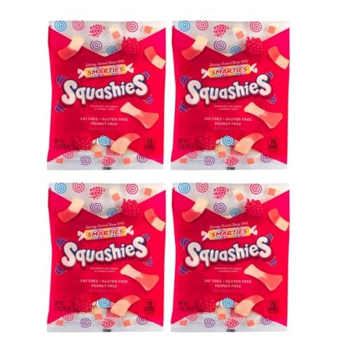 Smarties Squashies Pack of 4 Foam Candy Gluten Free Peanut Free Perfect for Birthday Halloween Party Favors Raspberry Cream Flavored 5 oz Candy Bags