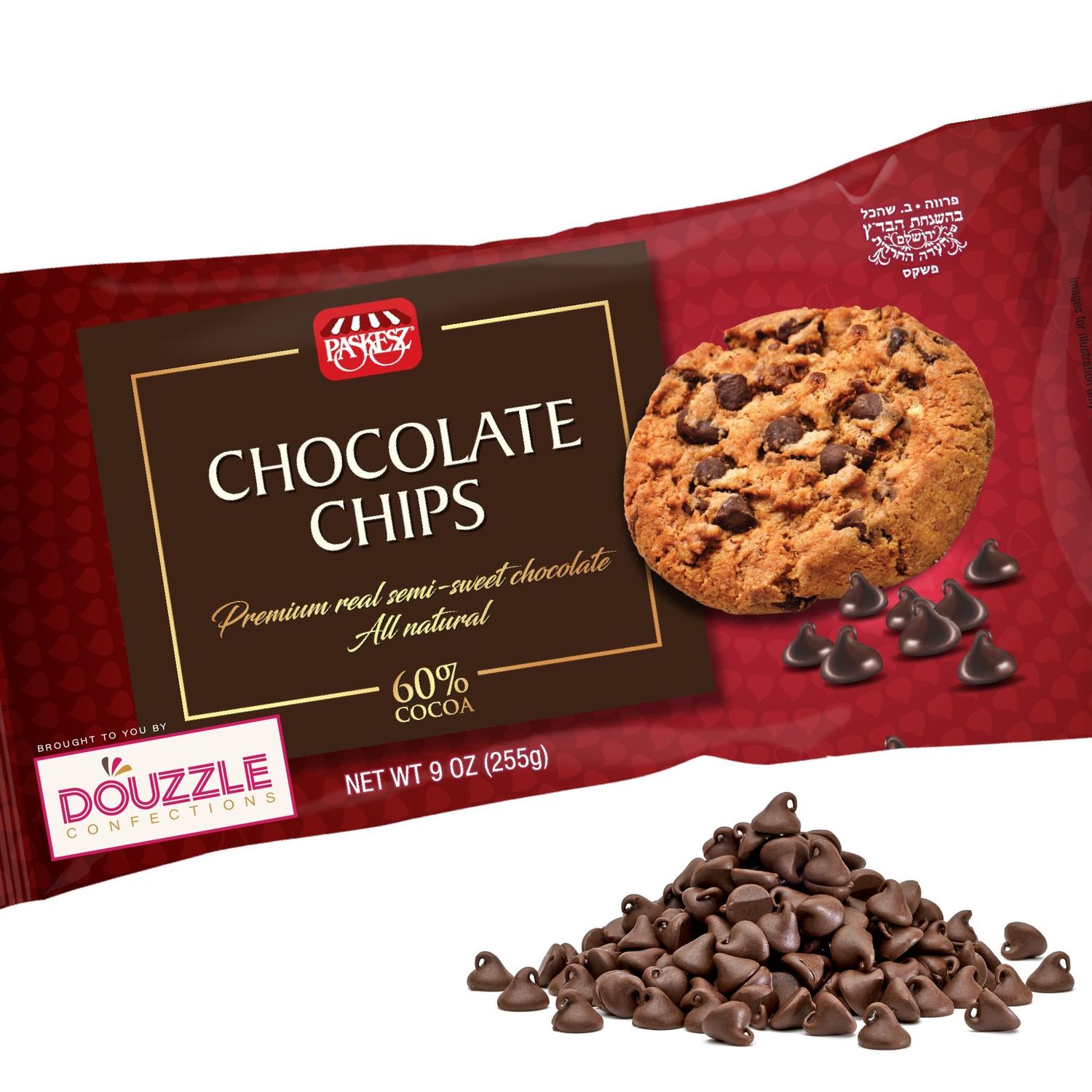 DOUzzle Dark Chocolate Chips for Baking - Premium 60 Cocoa Semi-Sweet (9 OZ - Pack of 1) Kosher Parve