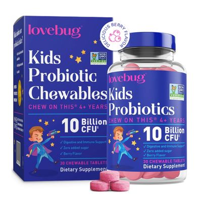 lovebug PROBIOTICS for Kids - Probiotic Chewables with Prebiotic Fiber for Age 4, Daily Children&#39;s Gut Health, Constipation, Digestive Immune Support Supplement, Sugar-Free Berry Flavor, 30 ct
