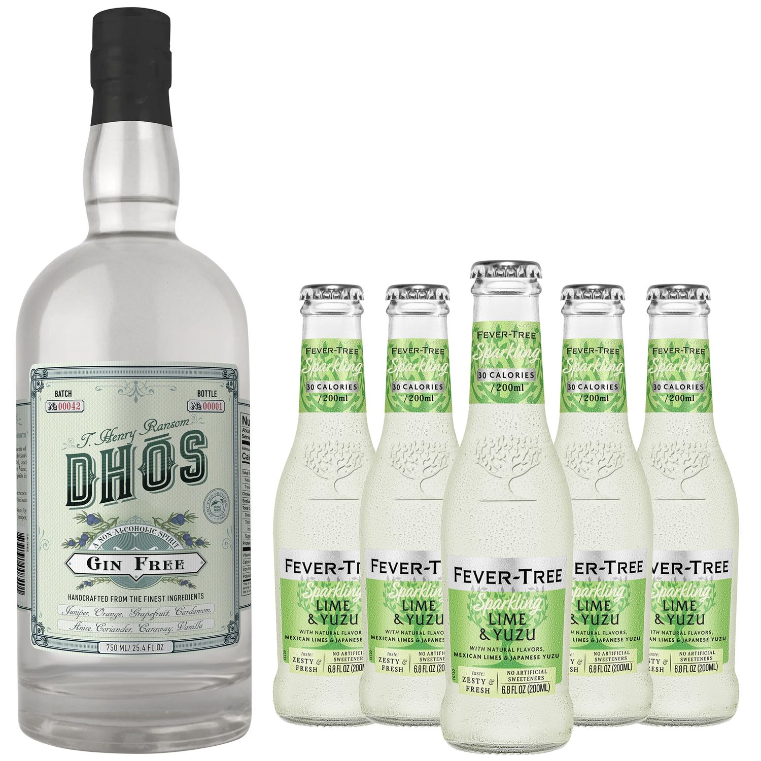 Dhos Handcrafted Non-Alcoholic Gin w 5 Pack Fever Tree Sparkling Lime Yuzu - Keto-Friendly, Zero Sugar, Zero Calories, Zero Proof - 750 ML - Perfect for Mocktails - Made in USA
