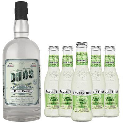 Dhos Handcrafted Non-Alcoholic Gin w 5 Pack Fever Tree Sparkling Lime Yuzu - Keto-Friendly, Zero Sugar, Zero Calories, Zero Proof - 750 ML - Perfect for Mocktails - Made in USA