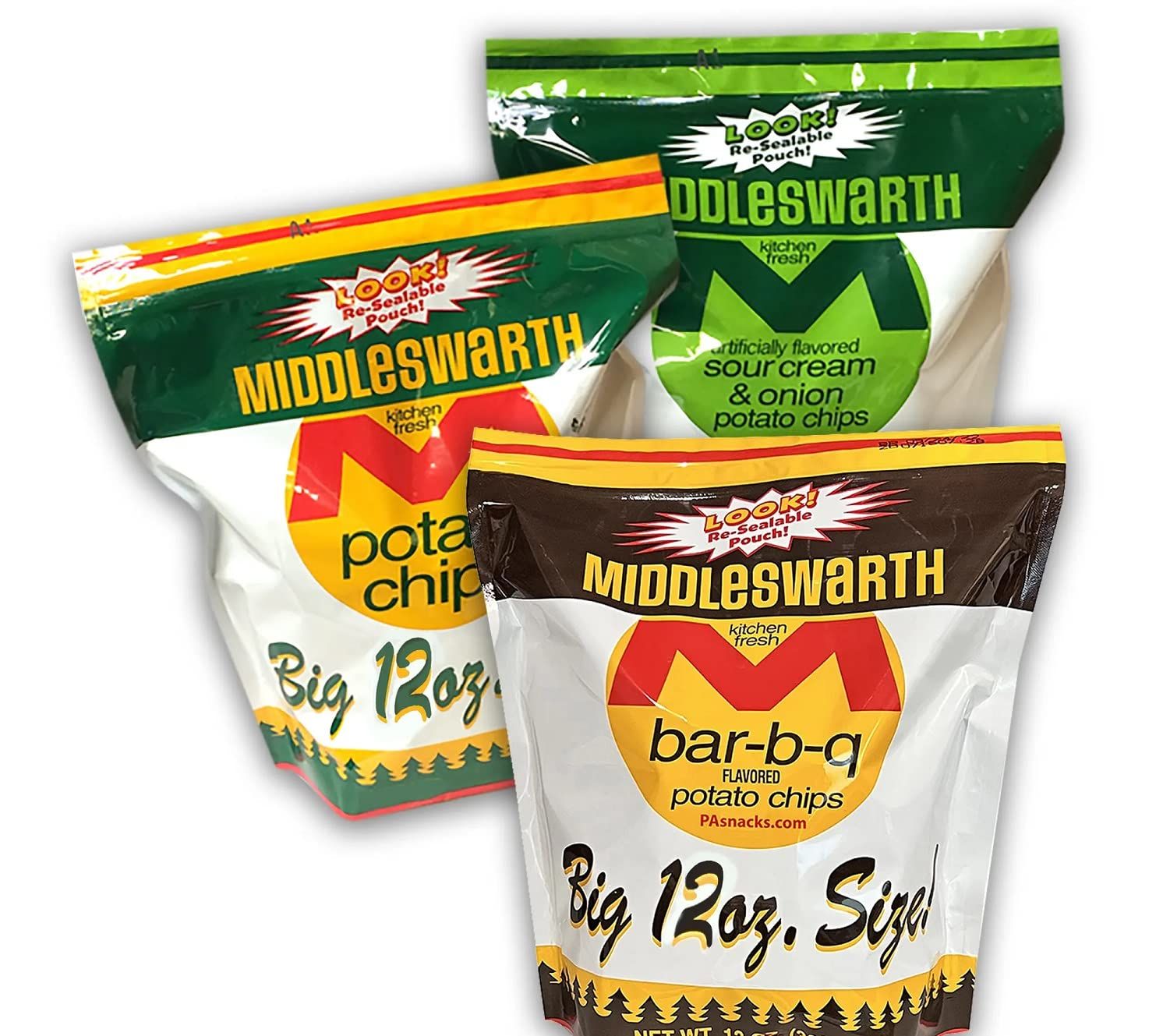 Middleswarth Kitchen Fresh Potato Chips Original, BBQ, Sour Cream Onion, Variety 3-Pack 13 Oz. Big Bags, 1 Count (Pack of 3)