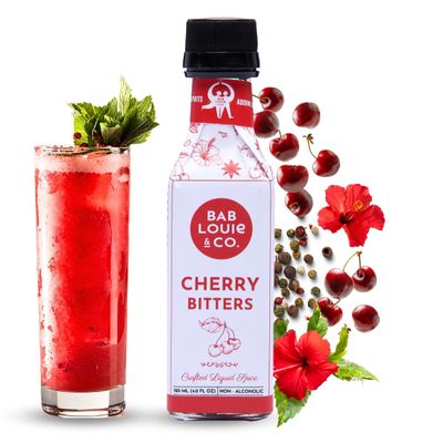 Bab Louie Co. Cherry Bitters for Cocktails Old Fashioned Non-Alcoholic Bitters (120ml4 Fl. Oz) for Whiskey Sour, Mocktails Gifts for Men, 100 Natural Herbal Mix, Gluten-Free, Made with 15 Herbs