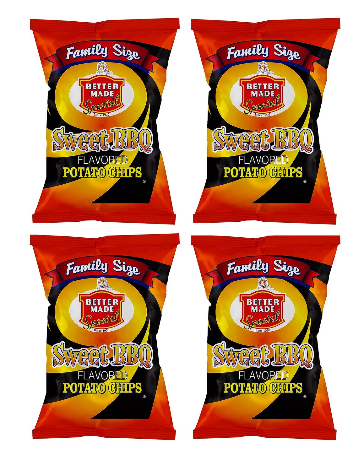 Better Made Sweet BBQ Potato Chips - Four (4) Pack - 8.5oz Family Size Bags - Crispy, Crunchy, Salty Snacks Made From Fresh Potatoes - Gluten Free - Family Owned and Operated