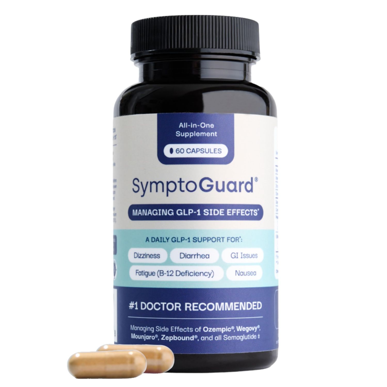 SymptoGuard Natural GLP-1 Supplement Support Vitamin for Digestive Comfort and Energy Levels with Pre and Probitoics, Vitamin D3B12, Cromium and Ginger Root - 60 Capsules (30 Day Supply)