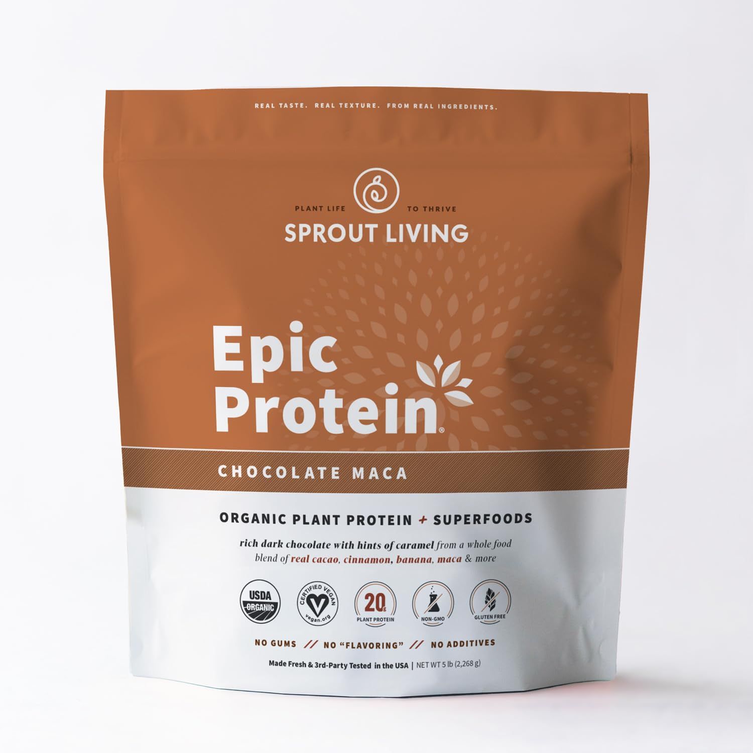 Sprout Living Epic Protein, Plant Based Protein Superfoods Powder, Chocolate Maca Powder 20 Grams Organic Protein Powder, Vegan, Non Dairy, Non-GMO, Gluten Free, Low Sugar (5 Pound, 60 Servings)