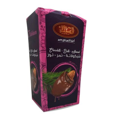 Al Tahhan Semi Dry Dates Without Seed Stuffed With Almond Coated With Brown Chocolate Delicious Finest Natural Tamr Kosher Halal (1 Pack 7.05 oz 200 gm)