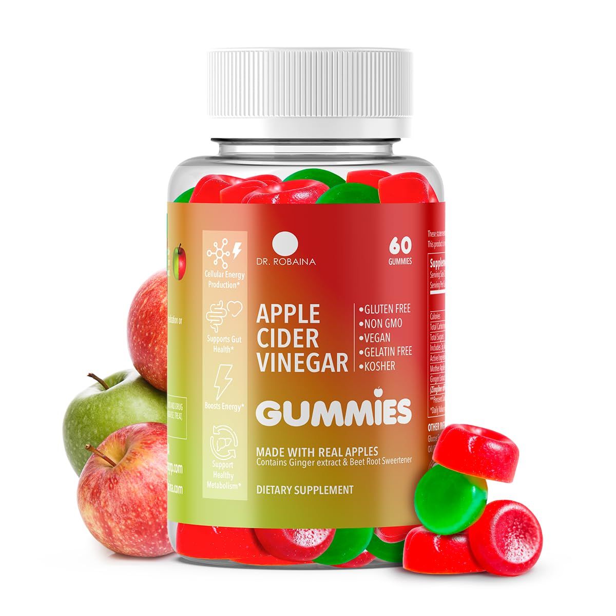 Dr. Robaina Apple Cider Vinegar Gummies - Supports Metabolism Digestive Health - Vegan, Non-GMO, Gluten-Free - Made in USA