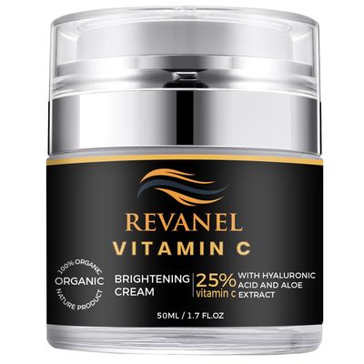 REVANEL Vitamin C 100 Organic Cream (25 Vitamin C) with Hyaluronic Acid and Aloe Extract. Lightweight daily face moisturizer for glowing skin. 50ml1.7 fl.oz.