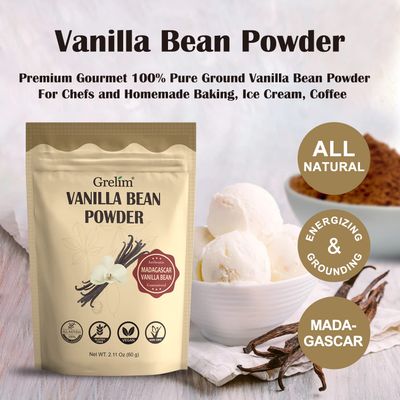 GRELIM Vanilla Bean Powder, 100 Pure Ground Madagascar Vanilla Powder Gluten-Free No Fillers or Additives Great for Baking, Coffee, Smoothies 2.11 Oz (60 g)