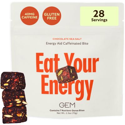 GEM Energy Aid Caffeinated Bite, 40mg Caffeine, Ginseng Root, L-Theanine, Holistic Sustained Energy, Supports Metabolism Endurance Chocolate Cacao Sea Salt 28 Servings