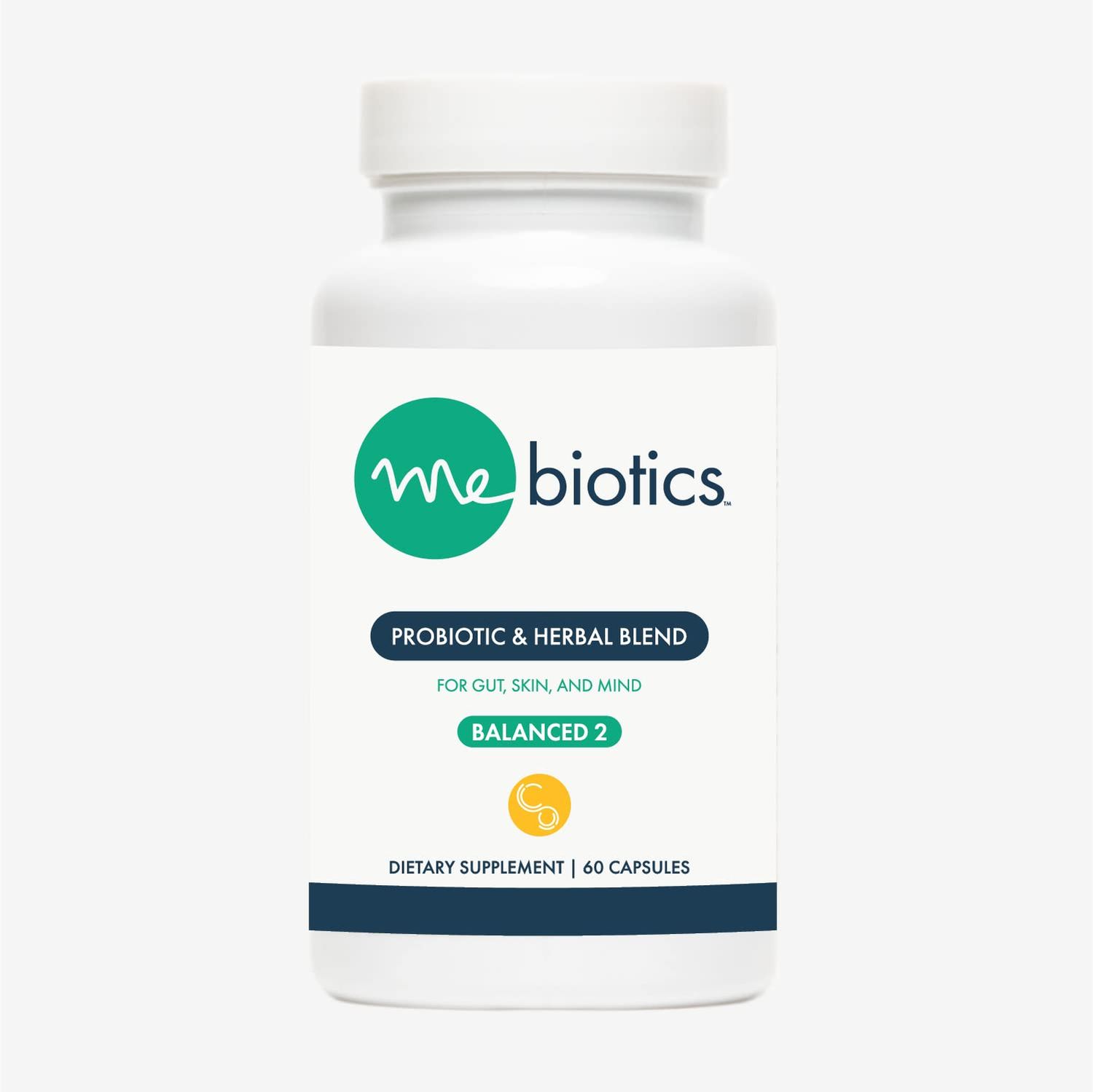 Microbiome Labs Mebiotics Probiotic Herbal Supplement Balanced 2 - Bacillus Subtilis Lemon Balm for Skin Gut Health - Oral Probiotics to Support Gut, Mind Skin (60 Count)