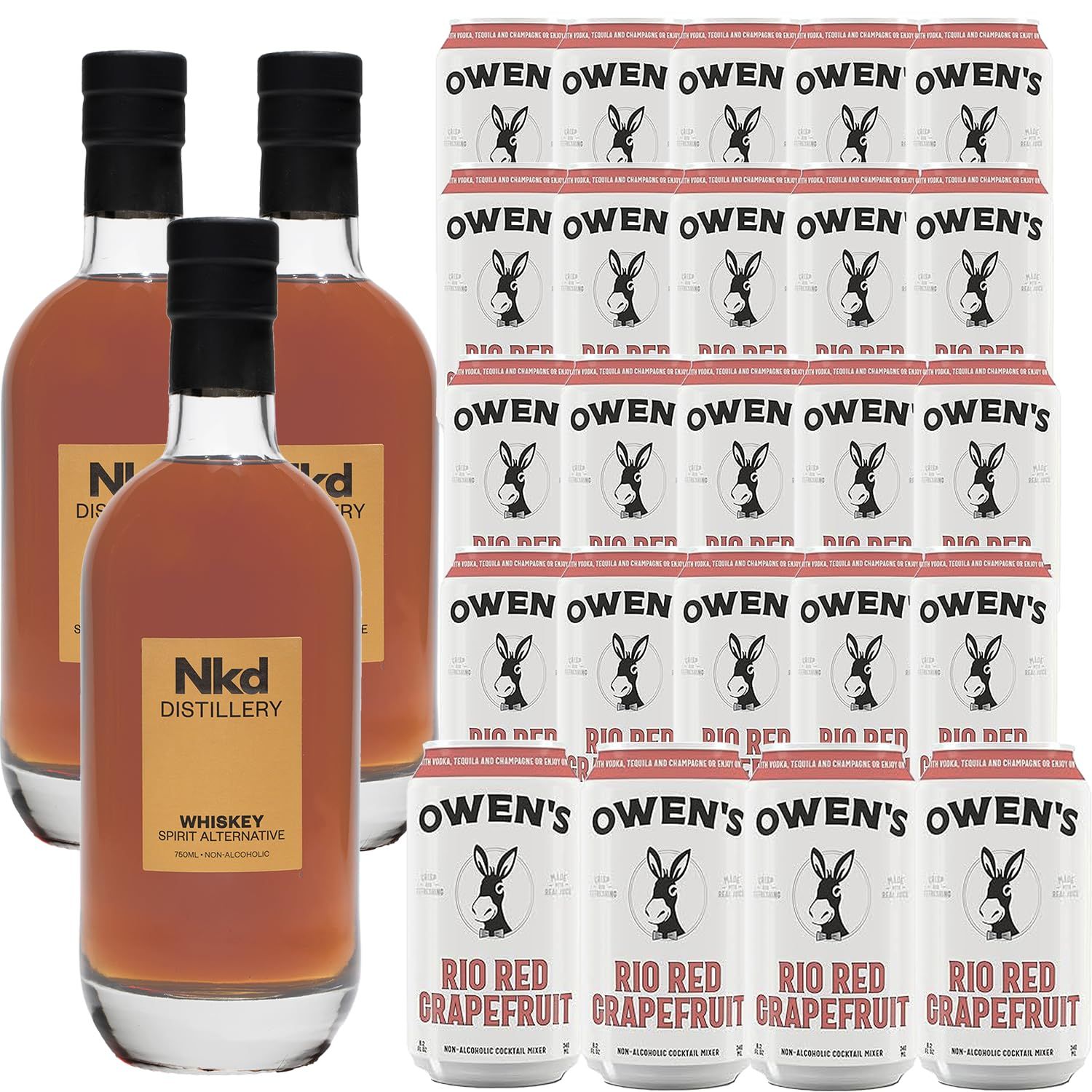 Nkd Distillery Whiskey Alternative Premium Non-Alcoholic Spirit 750 ML Bottles w Owen s Mixers Rio Red Grapefruit 8.2 OZ Cans - Perfect for Mocktails - Made in USA