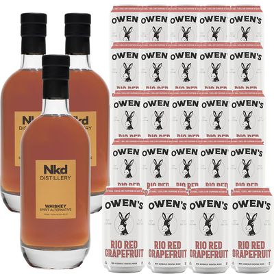 Nkd Distillery Whiskey Alternative Premium Non-Alcoholic Spirit 750 ML Bottles w Owen s Mixers Rio Red Grapefruit 8.2 OZ Cans - Perfect for Mocktails - Made in USA