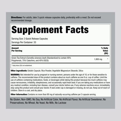 Piping Rock EGCG Green Tea Extract 1800 mg 100 Capsules Standardized Supplement Non-GMO, Gluten Free