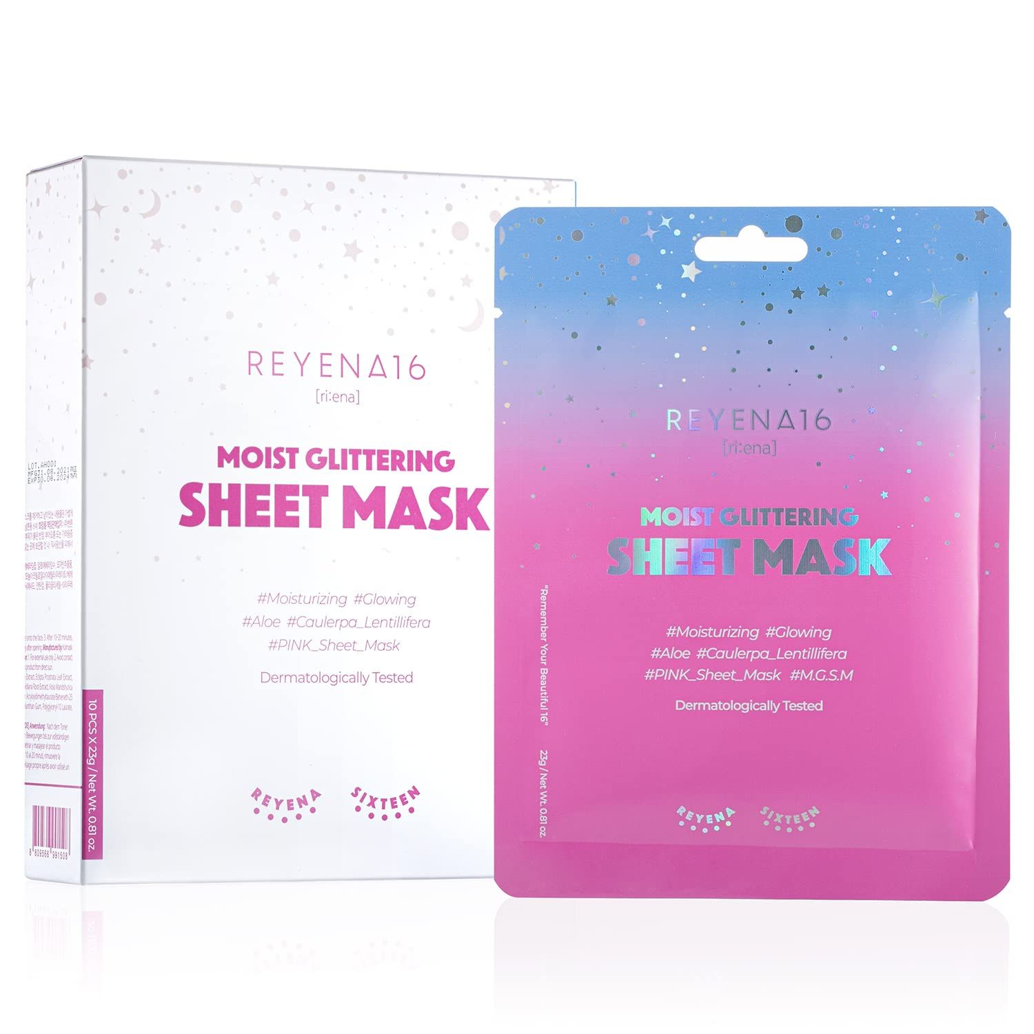 REYENA16 Moist Glittering Sheet Mask - Moisture Glow Facial Mask with Aloe Seaweed Extracts - Restore Skin&#39;s Vitality and Shine - Dermatologically Tested, 10 Sheet