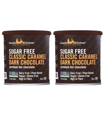 Castle Kitchen Sugar Free Classic Caramel Premium Dark Hot Chocolate Mix 2 Pack (8 oz each) - Vegan, Dairy Free, Plant Based - Keto Diabetic - Sweetened with Monkfruit - Mix Milk Substitute