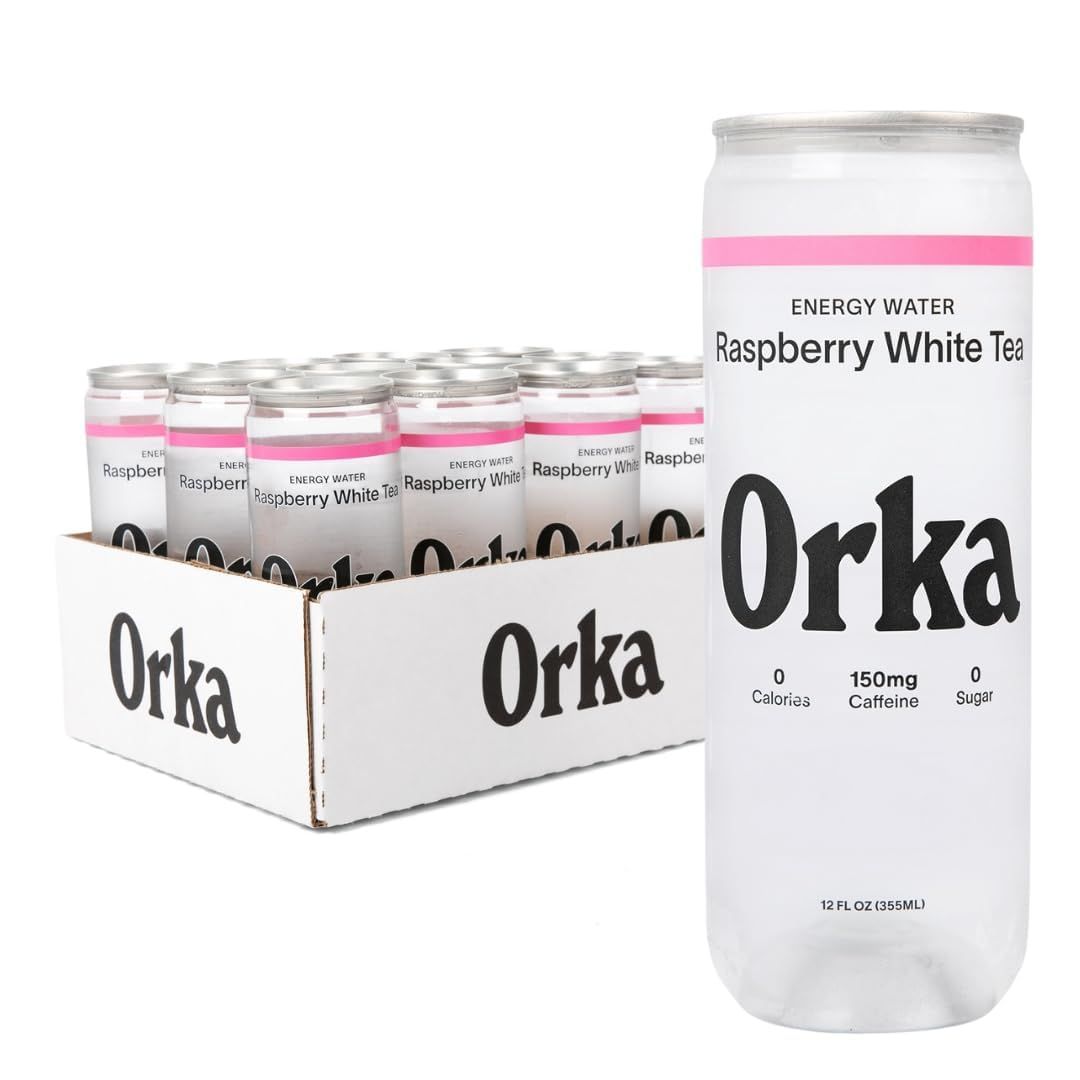 Orka Energy Water - Sugar-Free, Zero-Calorie, Non-Carbonated Caffeinated Water (12oz Cans, Raspberry White Tea) 150mg Natural Caffeine Natural L-Theanine for Jitter-Free Focus Energy